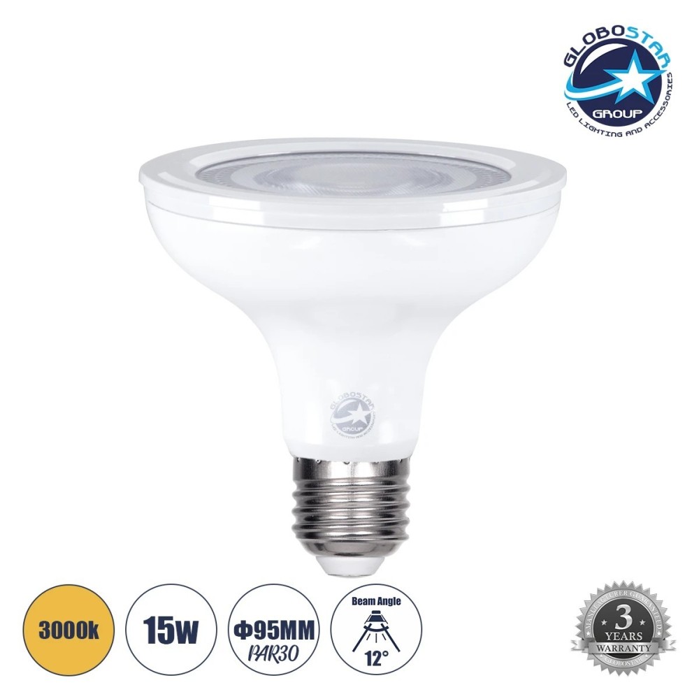 GLOBOSTAR® BEAMPAR 60089 Σποτ E27 PAR30 LED 15W 1410lm 12° AC 220-240V IP20 Θερμό Λευκό 2700K - Bridgelux SMD Chip - Μ9.5 x Π9.5 x Υ9.5cm - 3 Χρόνια Εγγύηση